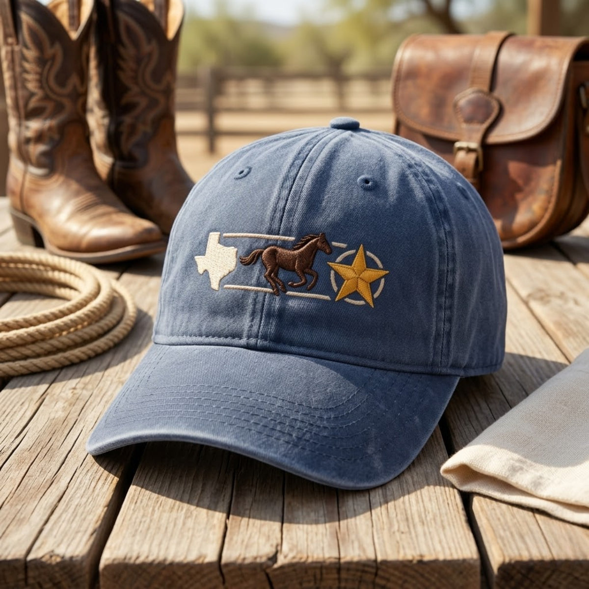Texas Lone Star Running Horse embroidered hat in Navy — front view