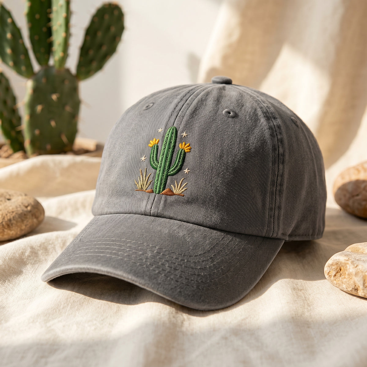 Desert Cactus Bloom Wildflower Stars embroidered hat in Gray — front view