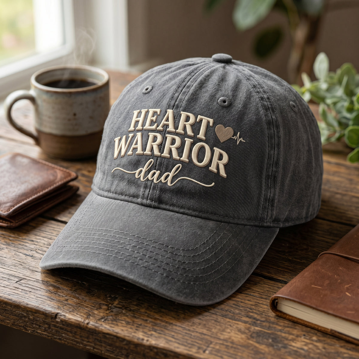 Heart Warrior Dad Heartbeat Script embroidered hat in Gray — front view