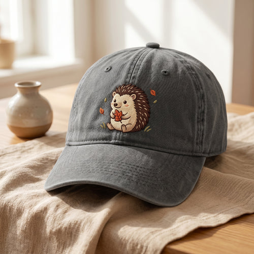 Autumn Hedgehog Maple Leaf Falling Leaves embroidered hat in Gray — front view