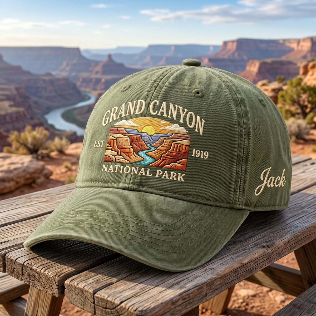 Personalized Grand Canyon EST 1919 Sunset embroidered hat in Amy Green — front view