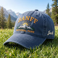 Banff National Park Sunrise Mountain Custom Name embroidered hat in Navy — front view