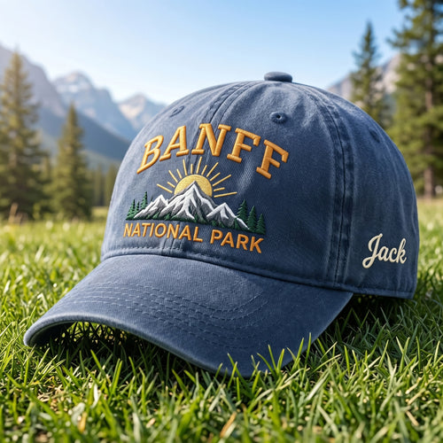 Banff National Park Sunrise Mountain Custom Name embroidered hat in Navy — front view