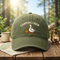 Camping Crew Goose Campfire Custom Name embroidered hat in Amy Green — front view