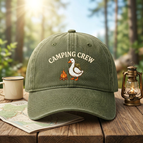 Camping Crew Goose Campfire Custom Name embroidered hat in Amy Green — front view