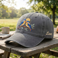 Bluebird Pair Sunrise Branch Custom Name embroidered hat in Gray — front view