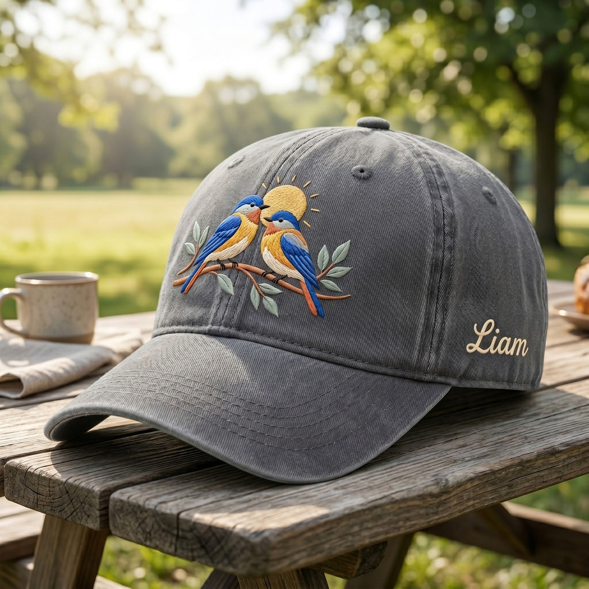 Bluebird Pair Sunrise Branch Custom Name embroidered hat in Gray — front view