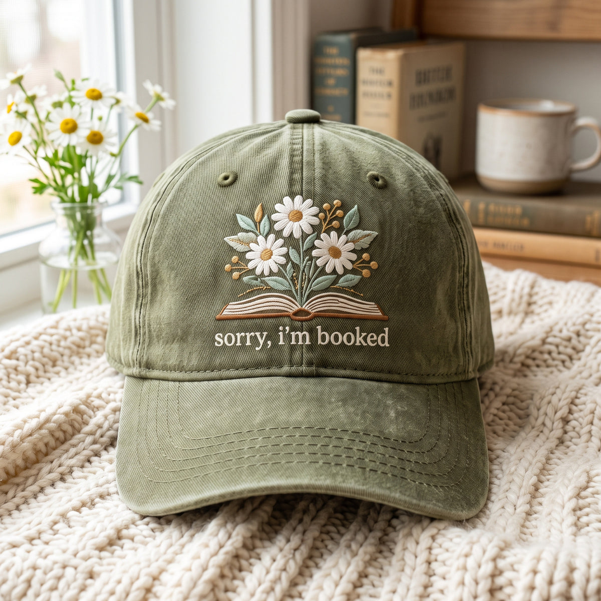 Sorry Im Booked Daisy Book embroidered hat in Amy Green — front view