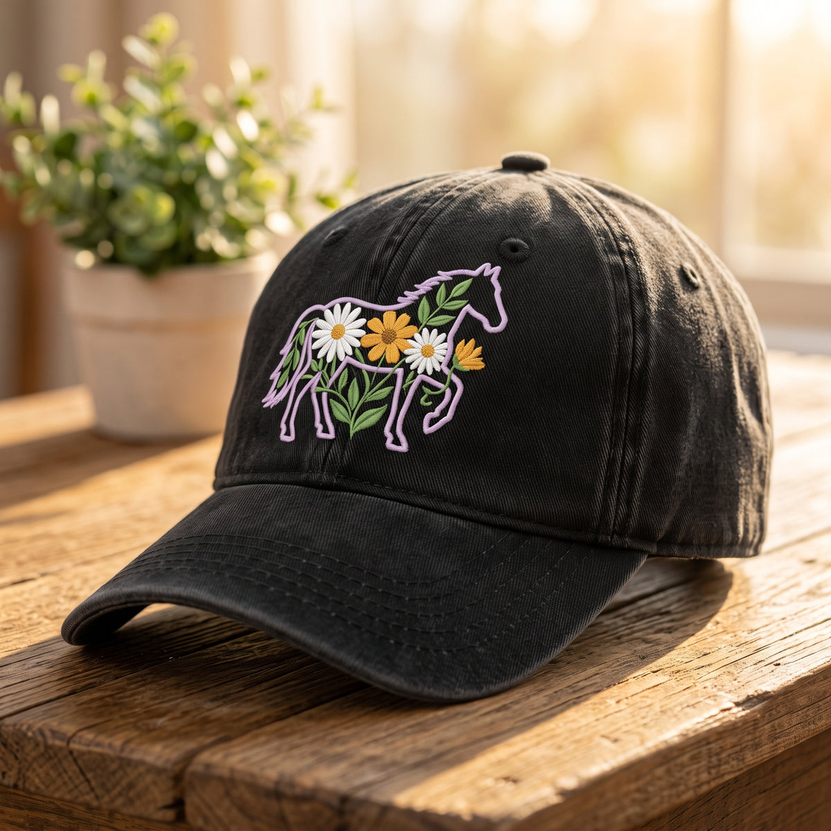 Horse Silhouette Wildflower embroidered hat in Black — front view