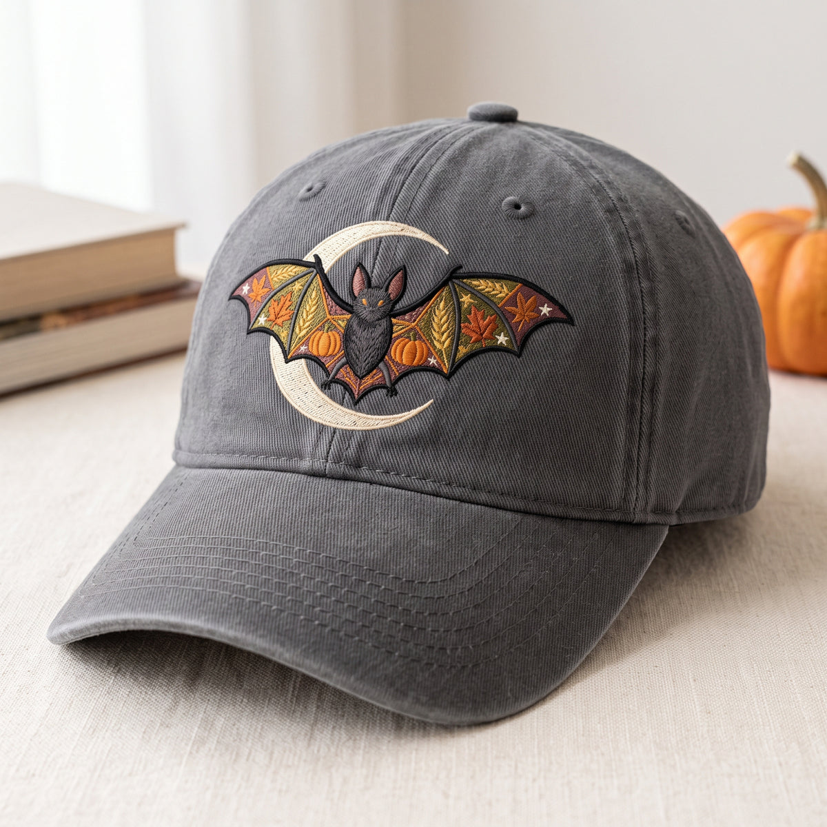 Personalized Witchy Broom Moon embroidered hat in Gray — front view
