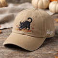 Personalized Black Cat Autumn Leaves embroidered hat in Khaki — front view