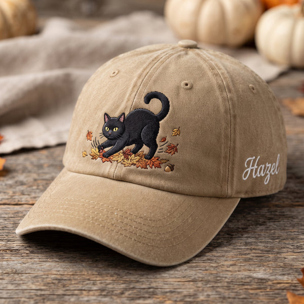 Personalized Black Cat Autumn Leaves embroidered hat in Khaki — front view
