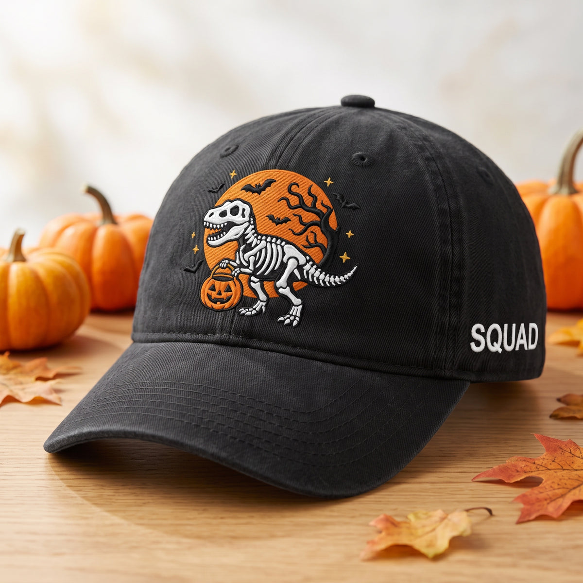 Dinosaur Skeleton Halloween Pumpkin embroidered hat in Black — front view