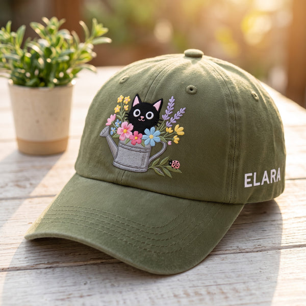 Personalized Black Cat Watering Can Flowers embroidered hat in Amy Green — front view