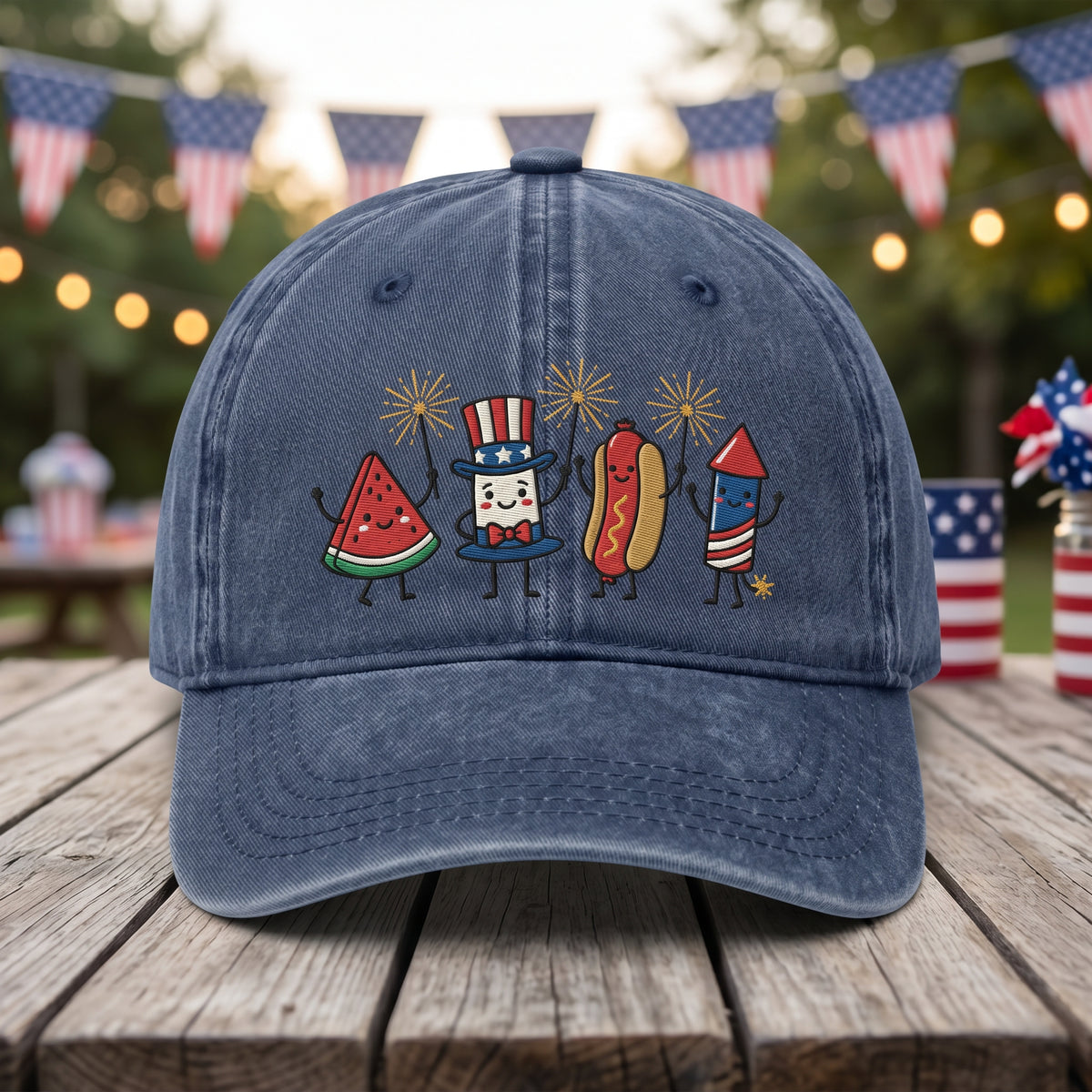 Fourth of July Party Friends Sparkler Watermelon Uncle Sam embroidered hat — front view