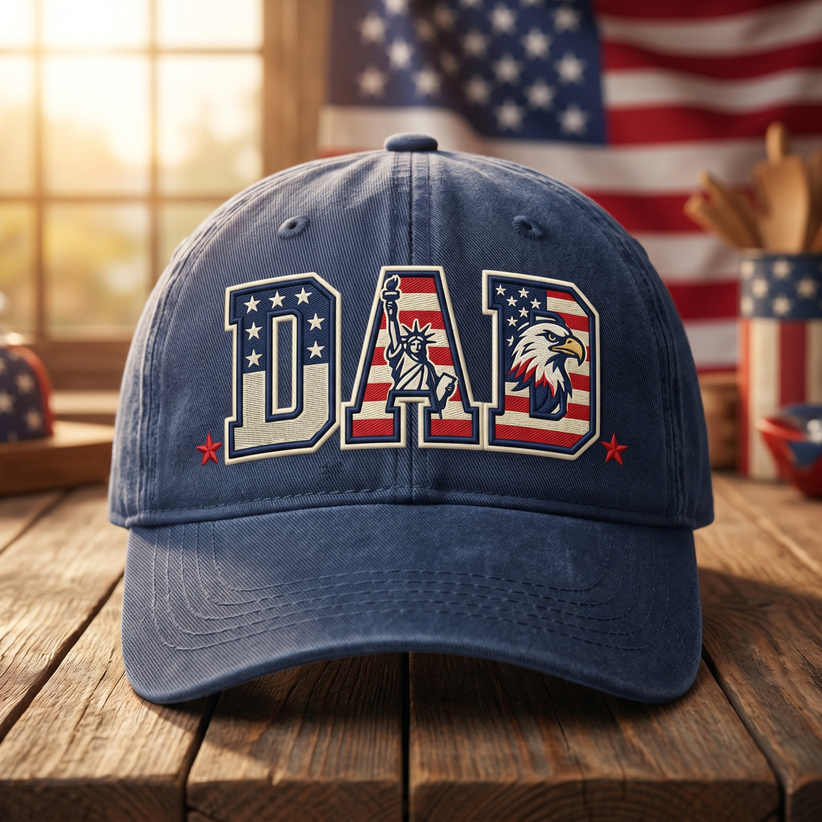 Patriotic Dad Flag Letters Statue of Liberty Eagle embroidered hat — front view