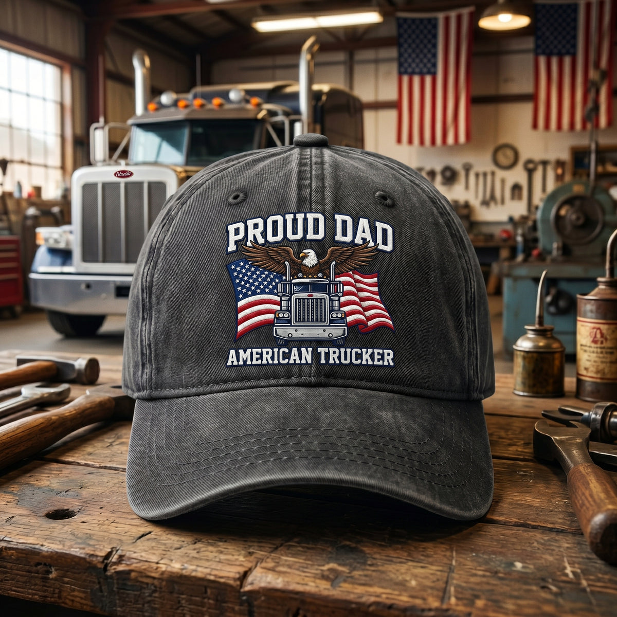 Proud Dad American Trucker Semi Truck Flag Eagle embroidered hat — front view