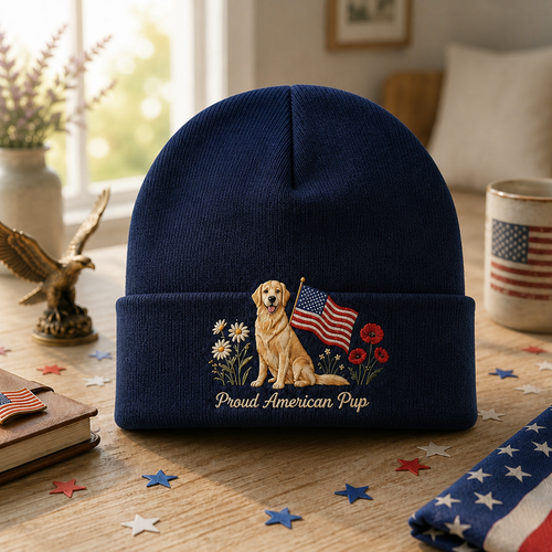 Proud American Pup Golden Retriever Flag Wildflowers Embroidered Beanie