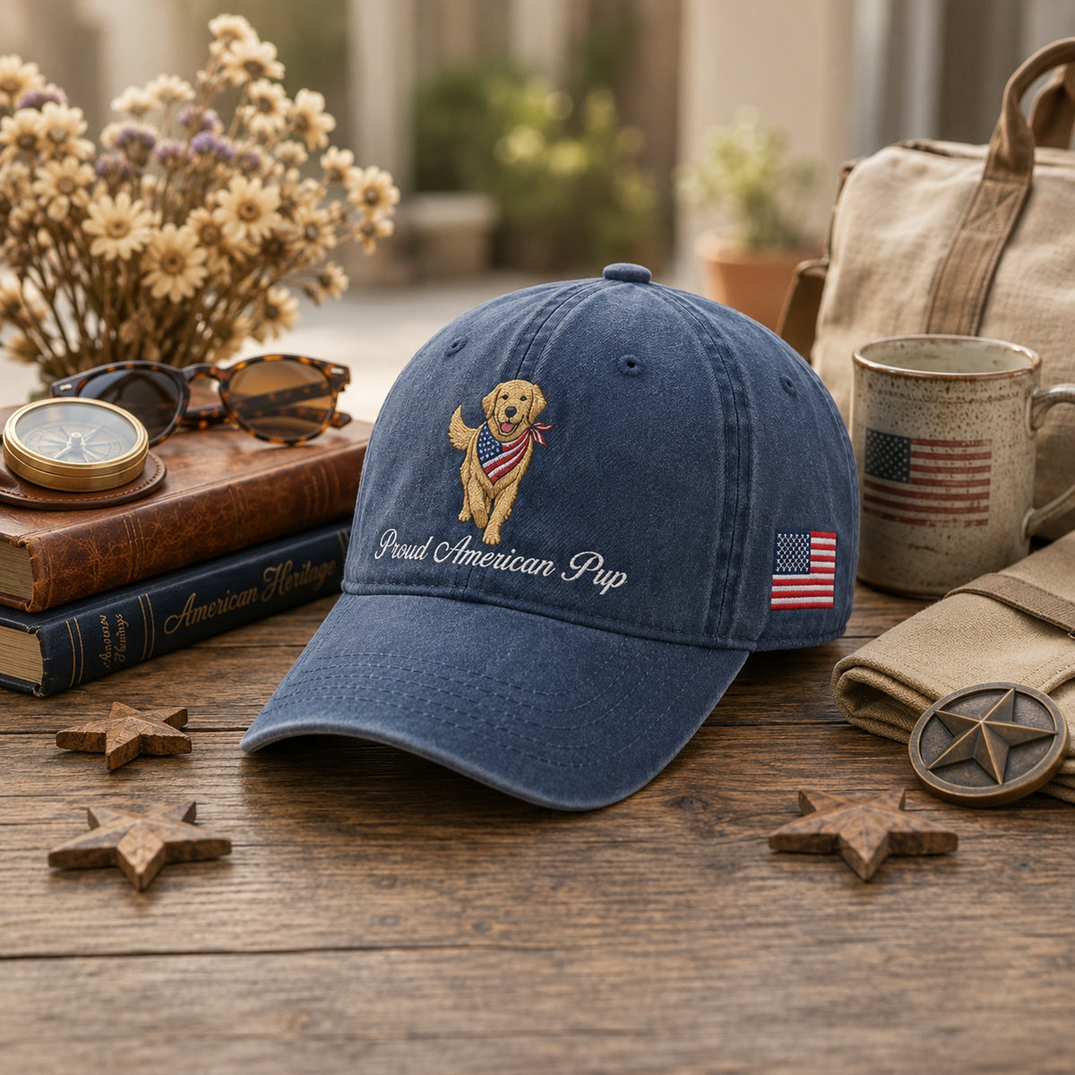 Proud American Pup Golden Retriever Flag Bandana Running embroidered hat — front view