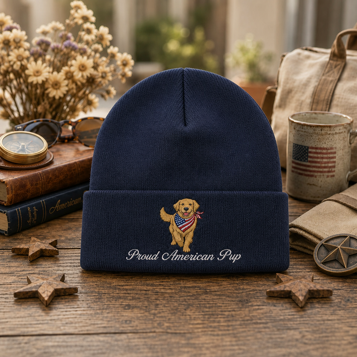 Proud American Pup Golden Retriever Flag Bandana Running Embroidered Beanie