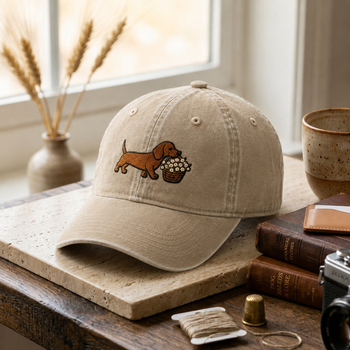 Dachshund Carrying Flower Basket embroidered hat — front view