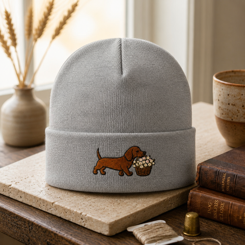 Dachshund Carrying Flower Basket Embroidered Beanie