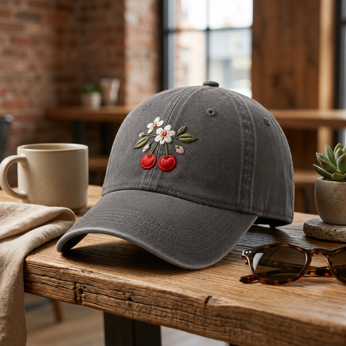 Cherry Blossom Twin Cherries embroidered hat — front view
