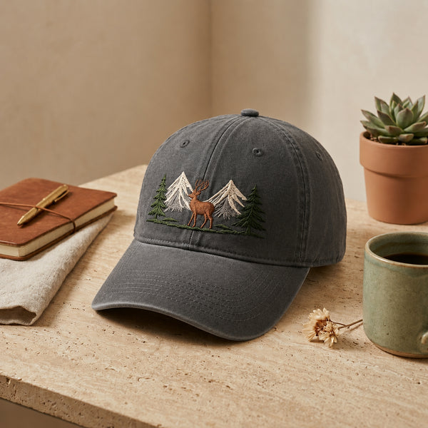 Stag Deer Mountain Pine Forest embroidered hat — front view