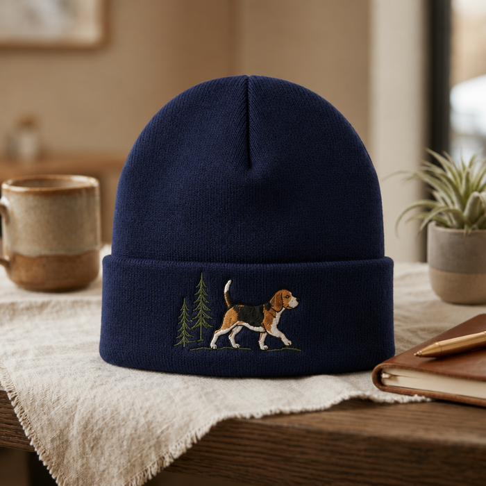 Beagle Walking Pine Trees Embroidered Beanie
