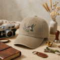 Ruby Throated Hummingbird Lavender embroidered hat — front view