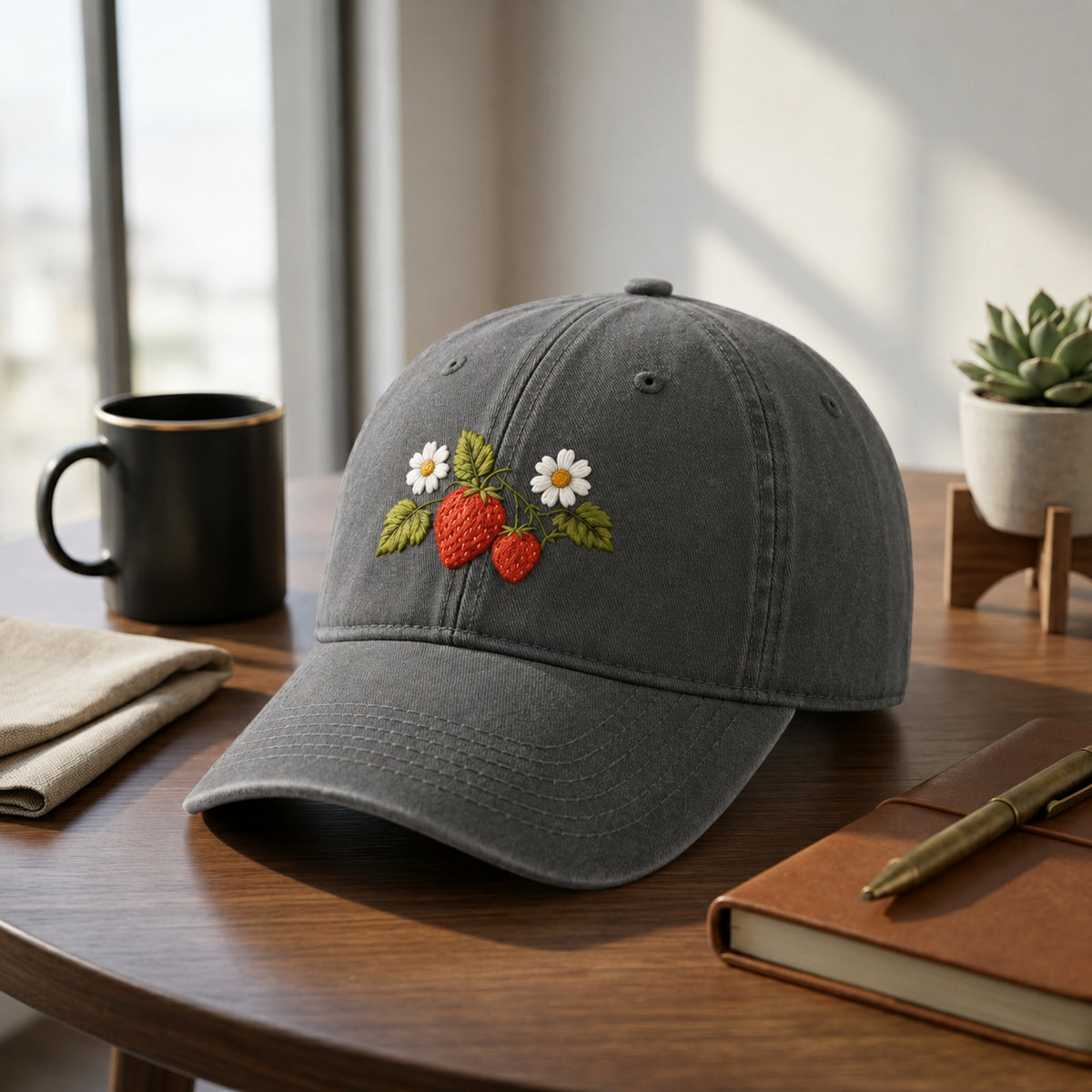 Wild Strawberries Daisies embroidered hat — front view