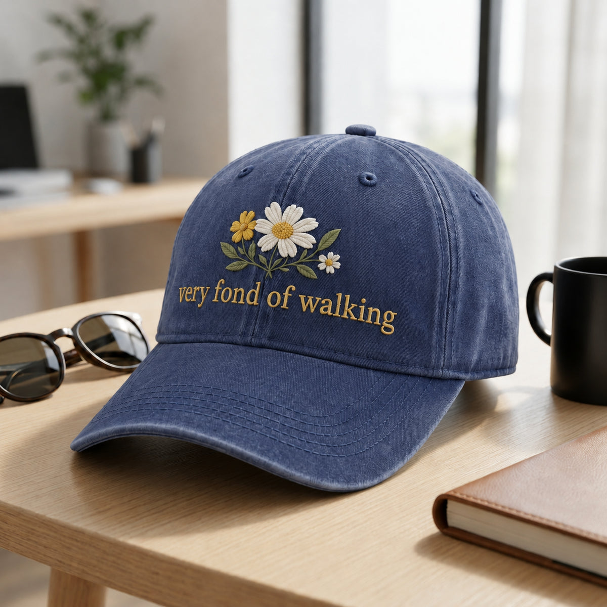 Very Fond of Walking Daisy Bouquet embroidered hat — front view