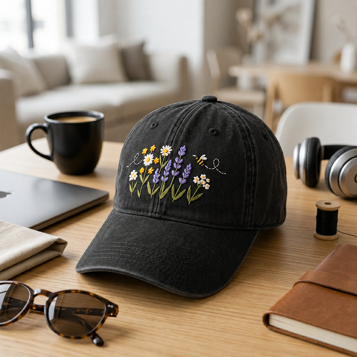 Wildflower Meadow Honey Bee embroidered hat — front view