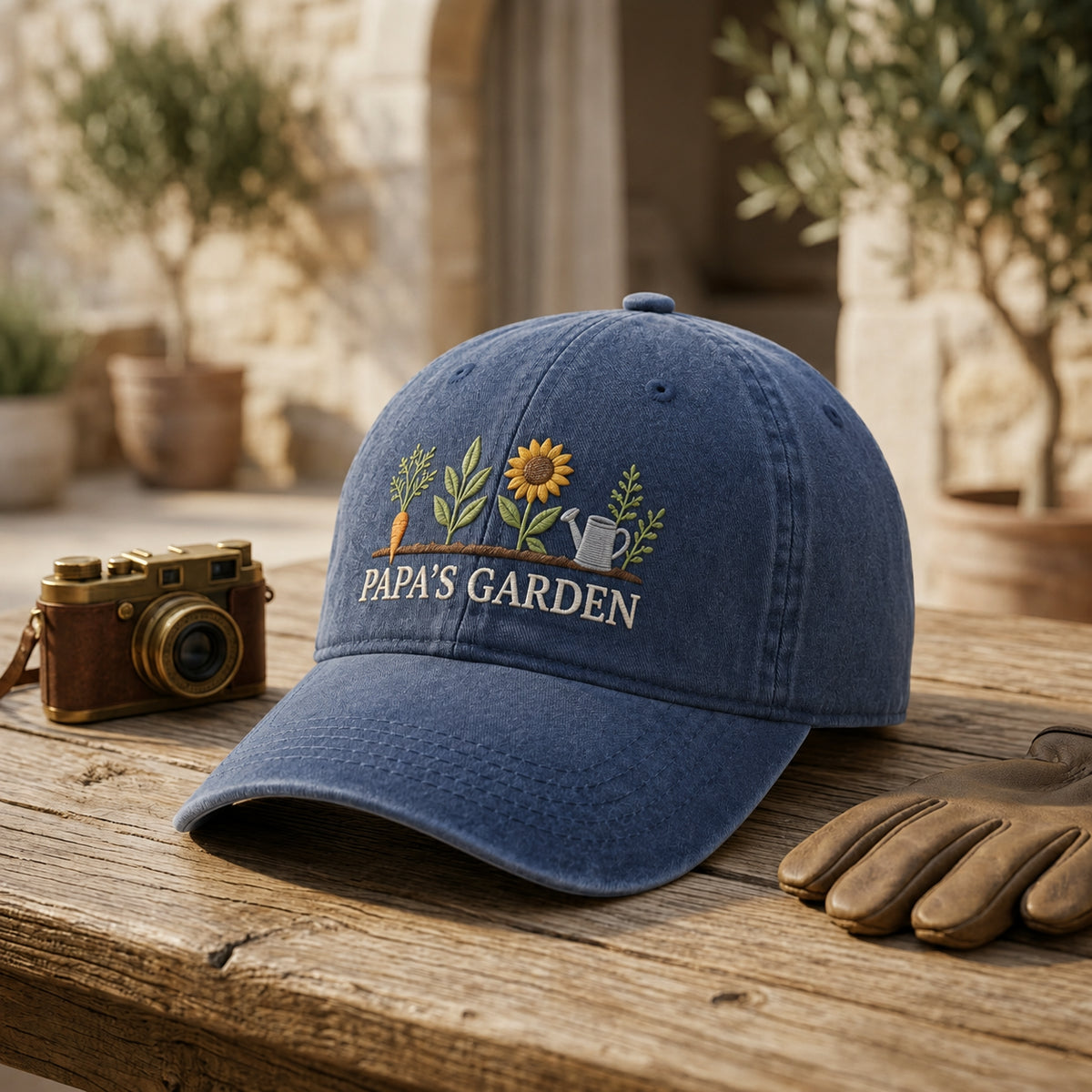 Papas Garden Sunflower Carrot Watering Can embroidered hat — front view
