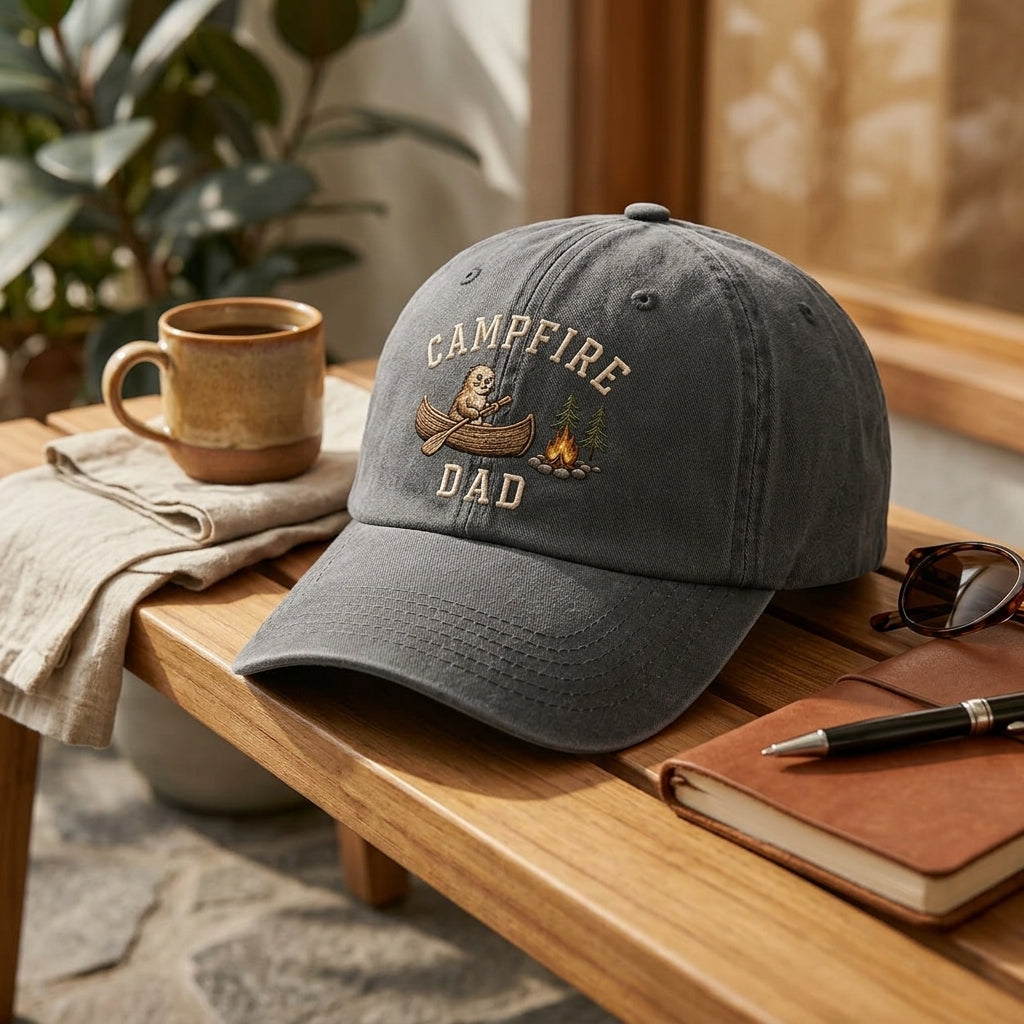Campfire Dad Otter Canoe embroidered hat — front view