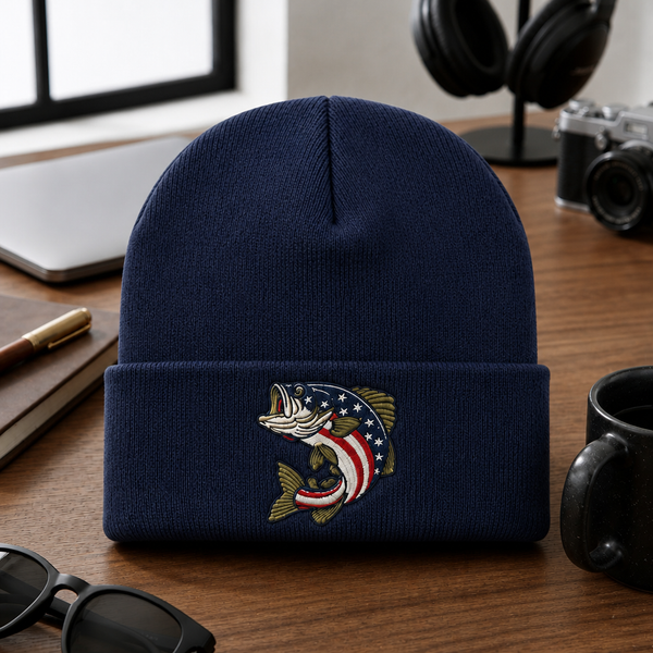 American Flag Bass Fish Embroidered Beanie