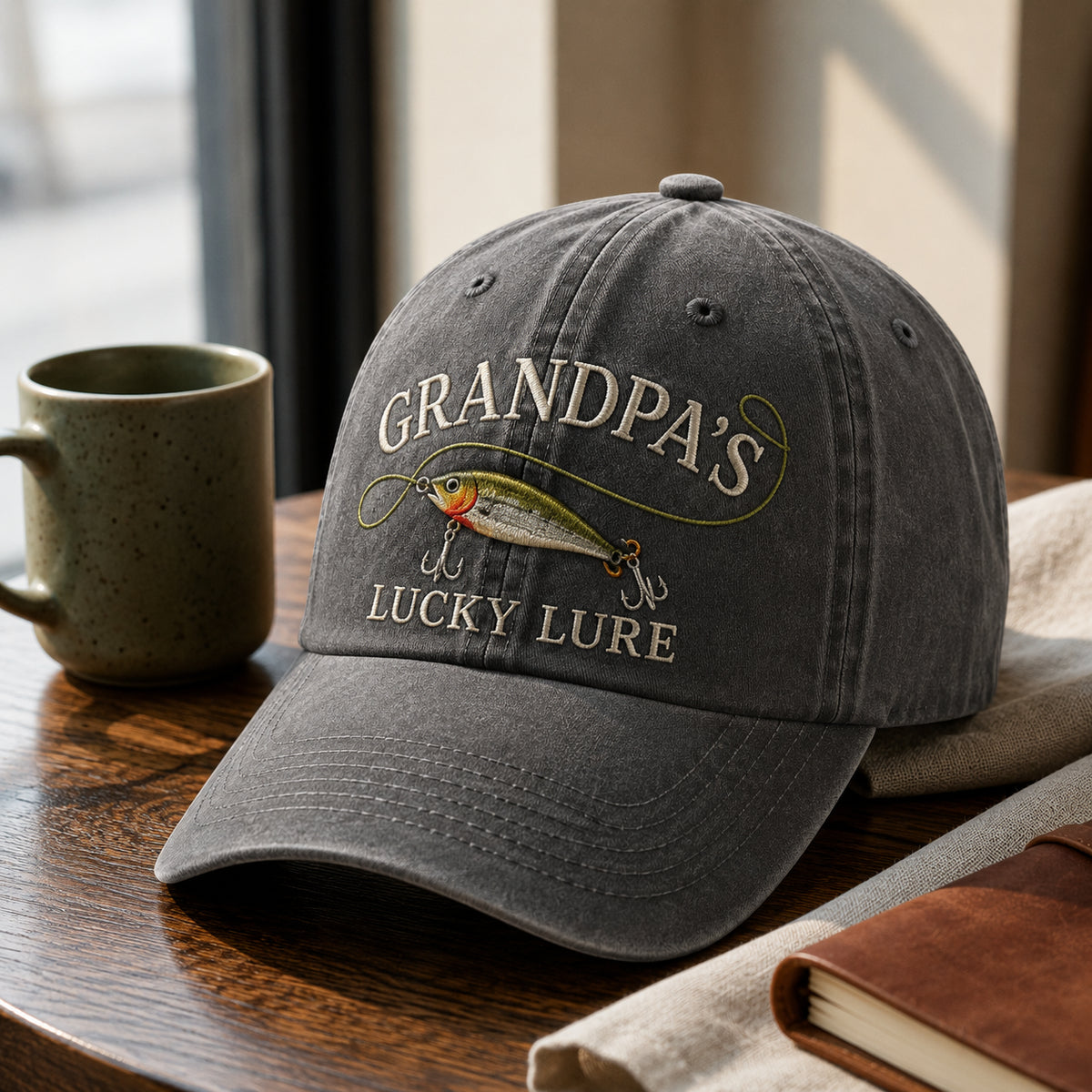 Grandpas Lucky Lure Fishing Bait embroidered hat — front view