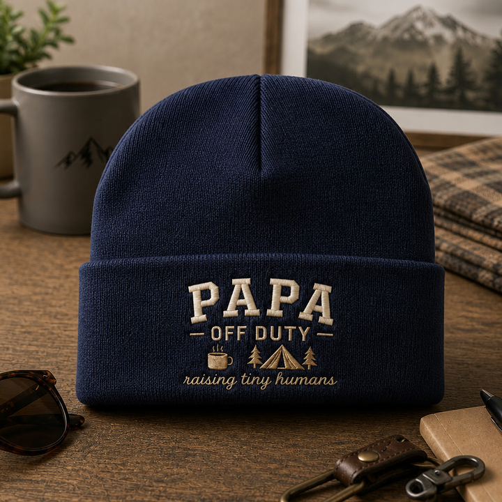 Papa Off Duty Raising Tiny Humans Camp Embroidered Beanie