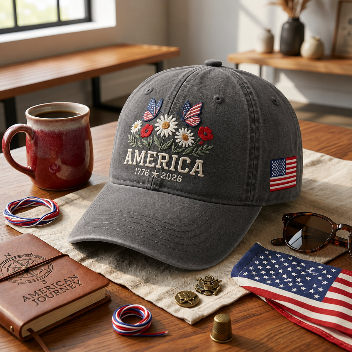 America 1776 2026 Patriotic Wildflowers Butterflies embroidered hat — front view