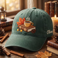 Autumn Book Coffee Cup Maple Leaf Acorn embroidered hat — front view