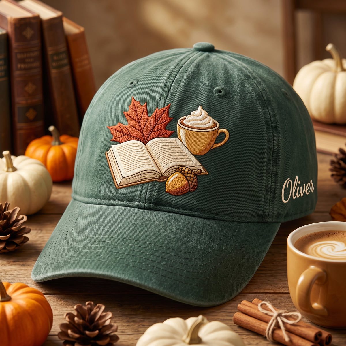 Open Book Pumpkin Latte Maple Leaf embroidered hat — front view