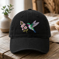 Hummingbird and Cherry Blossom Branch embroidered hat — front view