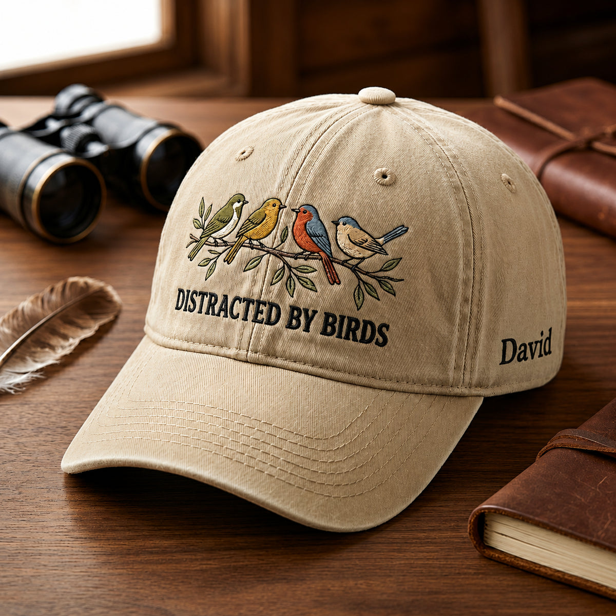 Personalized Birdwatching Four Birds on Branch Distracted by Birds embroidered hat — front view