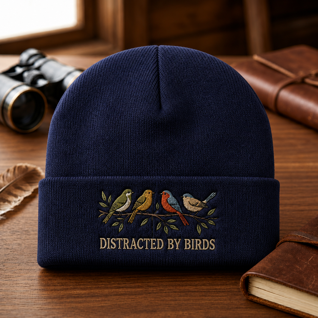 Personalized Birdwatching Four Birds on Branch Distracted by Birds Embroidered Beanie