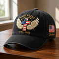 Personalized God Bless America Flag Cross Angel Wings 1776 2026 embroidered hat — front view