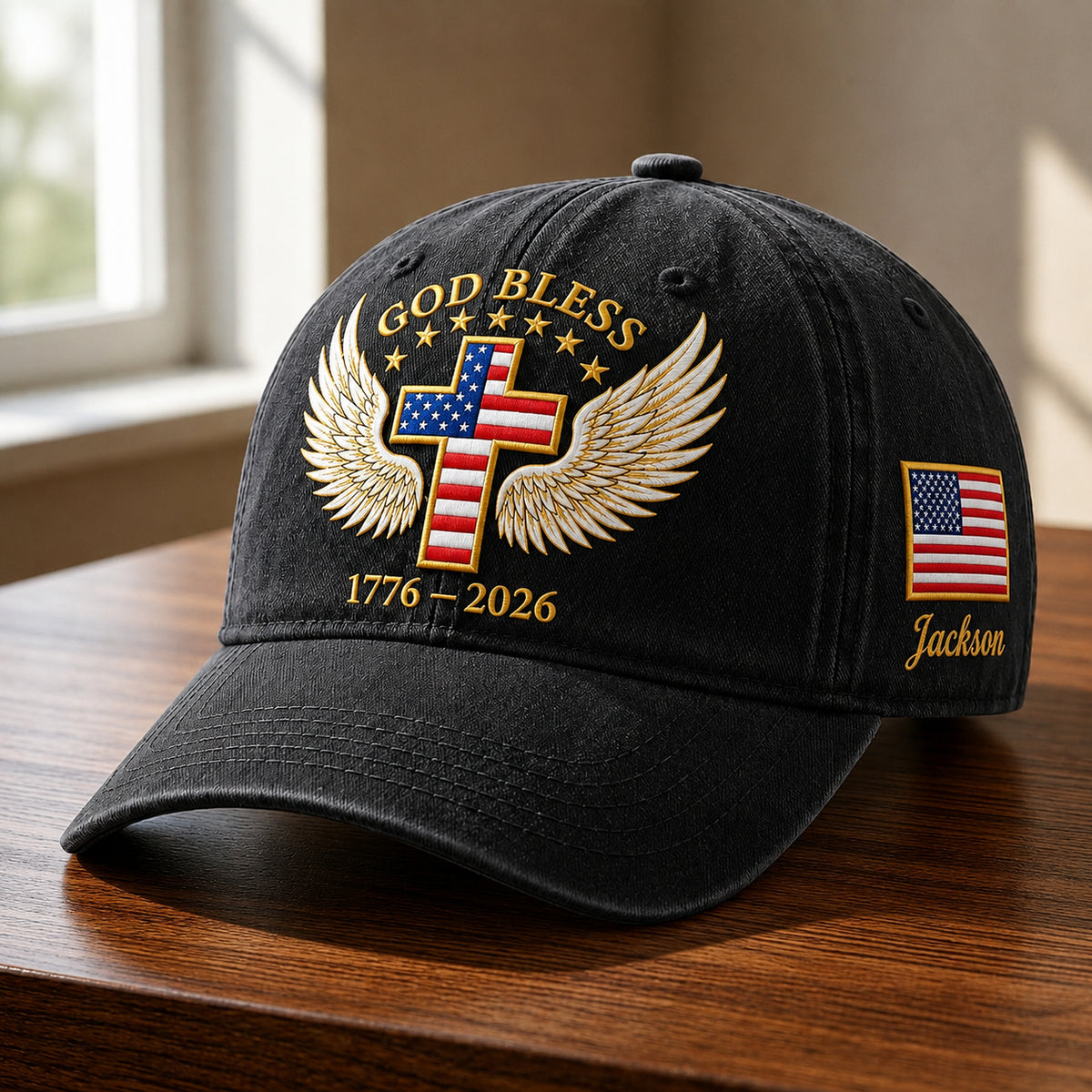 Personalized God Bless America Flag Cross Angel Wings 1776 2026 embroidered hat — front view