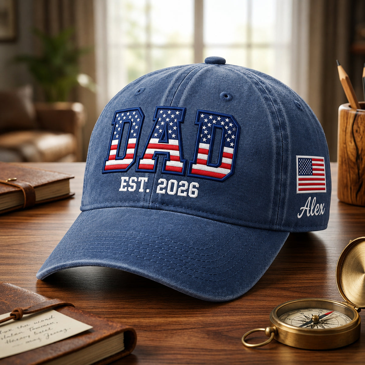 Personalized Dad Est 2026 American Flag Letters embroidered hat — front view