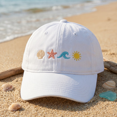 Beach Scallop Shell Starfish Ocean Wave Sun Minimalist embroidered hat — front view