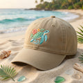 Sea Turtle Hibiscus Plumeria Tropical Flowers embroidered hat — front view