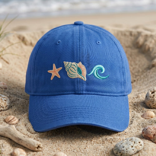Beach Starfish Conch Shell Ocean Wave embroidered hat — front view